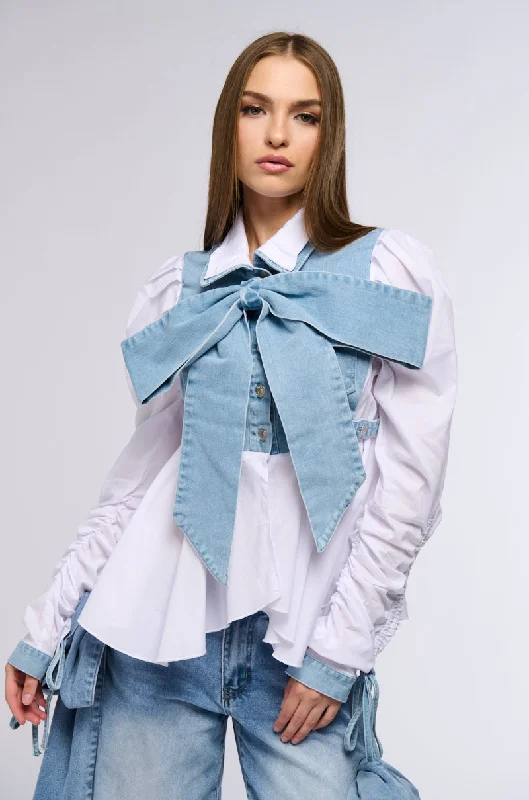 FAITH DENIM TIE POPLIN BLOUSE Satin Long Blouse