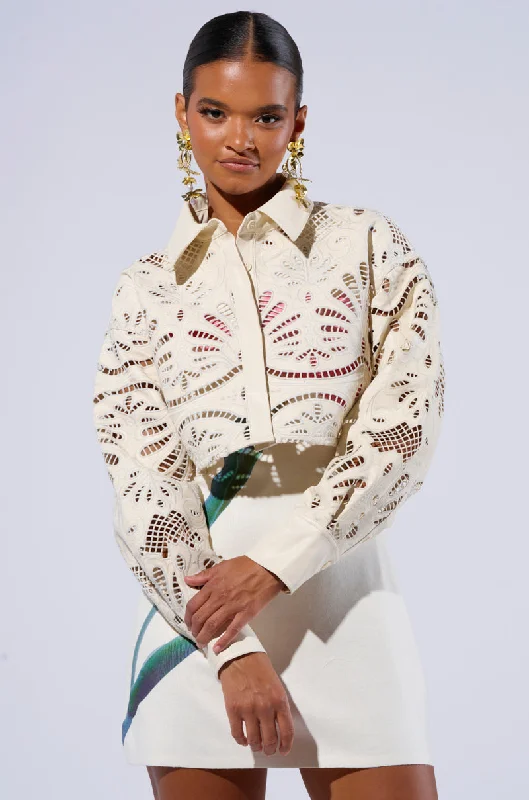 FEEL THE VIBE BUTTON DOWN FAUX LEATHER CROPPED BLOUSE Ruched Sleeve Blouse