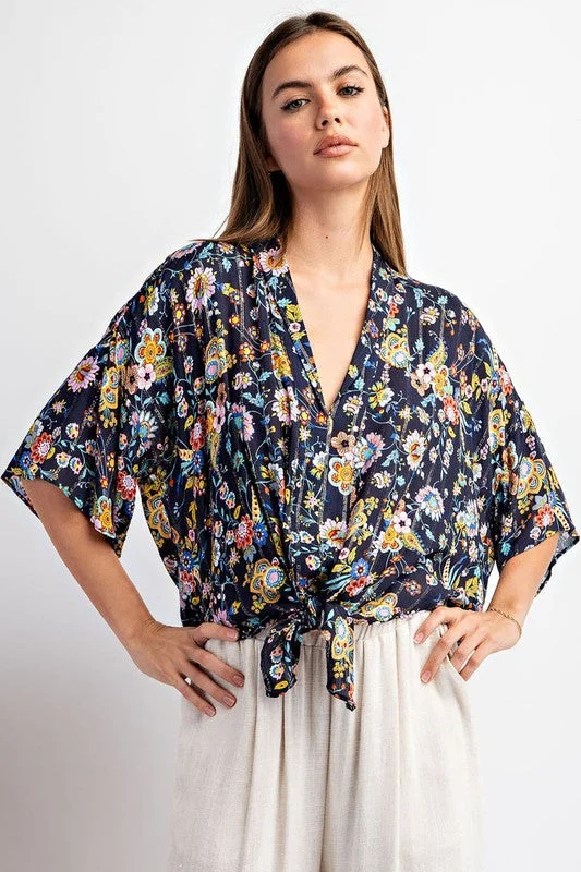 Floral Printed Tie Blouse Top Sweetheart Neck Blouse