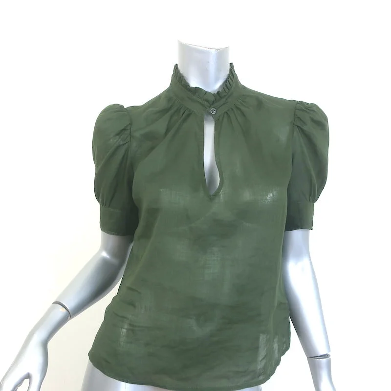 FRAME Deep V Ruffle Collar Top Fatigue Green Size Extra Small Puff Sleeve Blouse Elegant Semi-Sheer Blouse FRAME Deep V Ruffle Collar Top Fatigue Green Size Extra Small Puff Sleeve Blouse Elegant Semi-Sheer Blouse