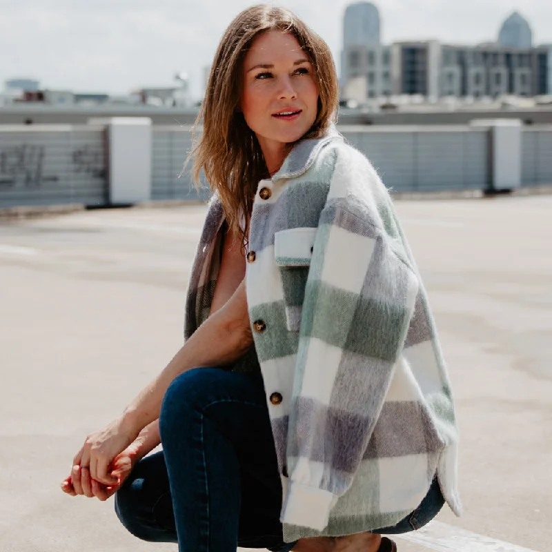 Green/Gray Plaid Shackets Flowy Bohemian Blouse