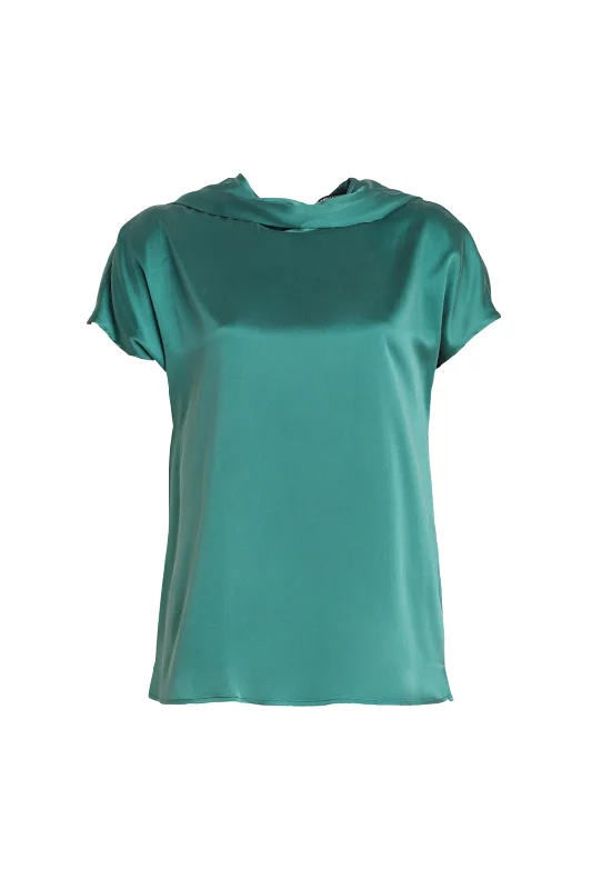Green Pure Silk Cecilia Short Sleeve Women's Blouse Sweetheart Neck Blouse