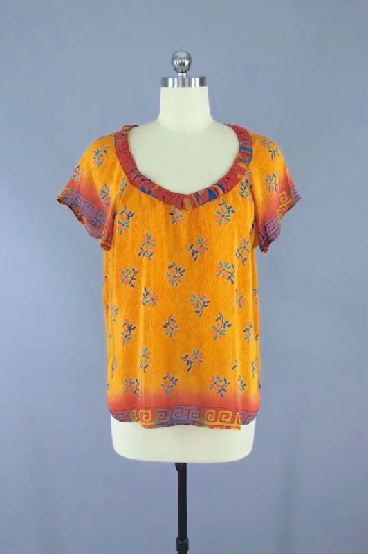 Yellow Floral Print Silk Crepe Blouse made from a Vintage Indian Silk Sari Loose Oversized Blouse