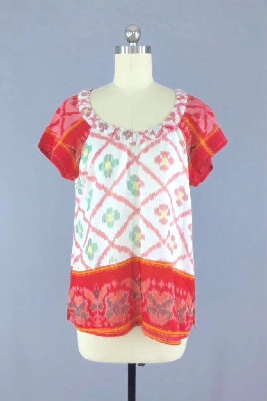 Indian Cotton Blouse with Red and White Ikat Pattern made from a Vintage Indian Sari Smart Casual Blouse Indian Cotton Blouse with Red and White Ikat Pattern made from a Vintage Indian Sari Smart Casual Blouse