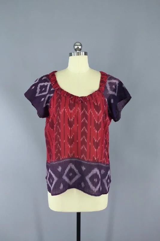 Red and Purple Ikat Indian Cotton Blouse made from a Vintage Indian Sari Elegant Peplum Blouse Red and Purple Ikat Indian Cotton Blouse made from a Vintage Indian Sari Elegant Peplum Blouse