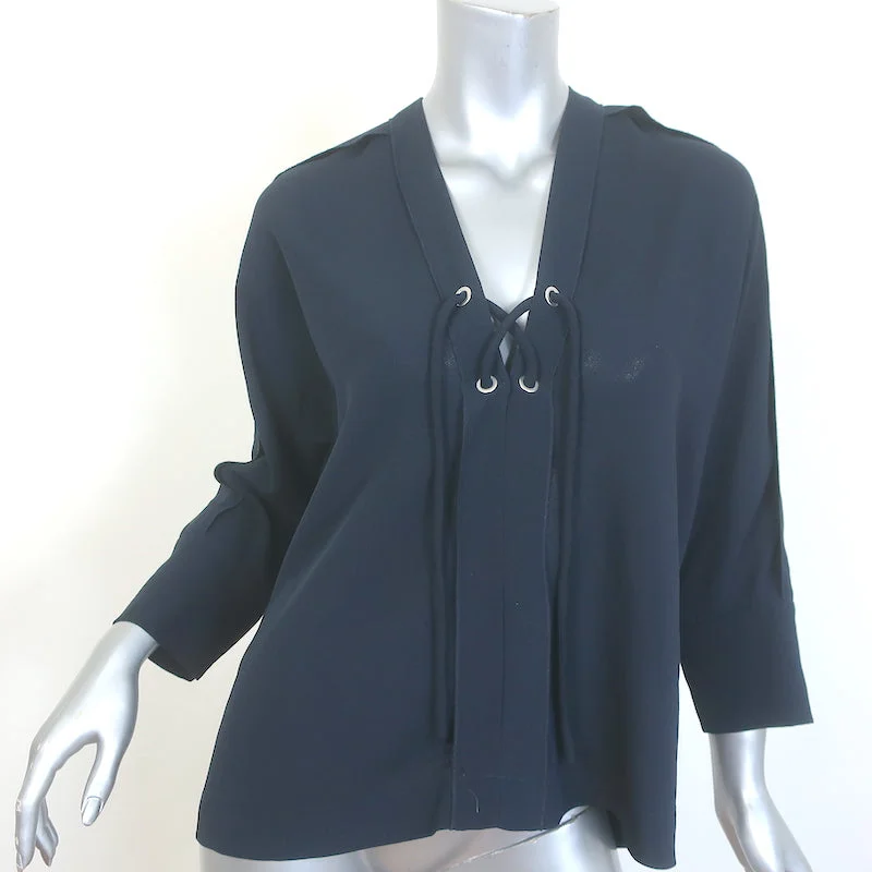 IRO Alis Lace-Up Blouse Navy Crepe Size 34 V-Neck Top Loose Oversized Blouse