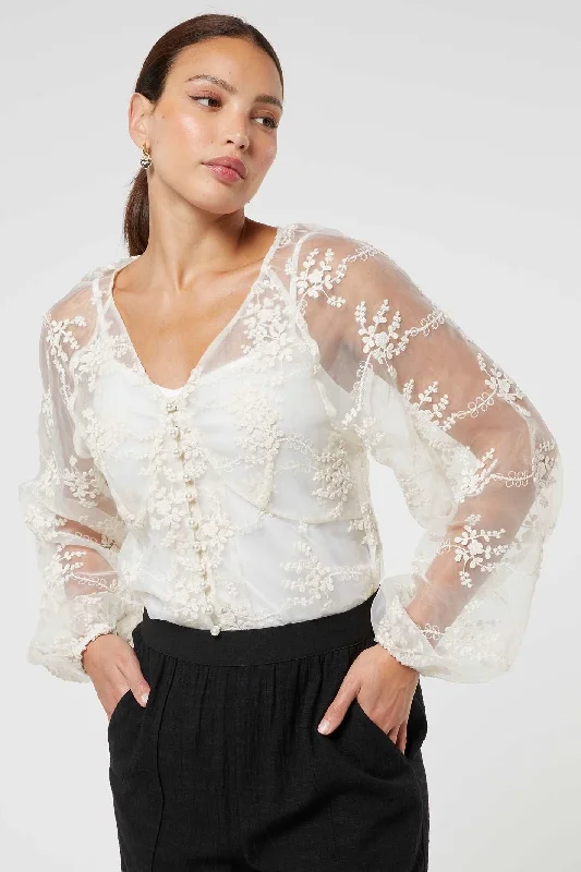 Jovonna  Contessa Beige Lace V Neck Neck Blouse with Cami Pastel Color Blouse