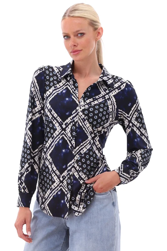 K-Design Z375 P886 Navy Print Blouse Ruffled Neck Blouse