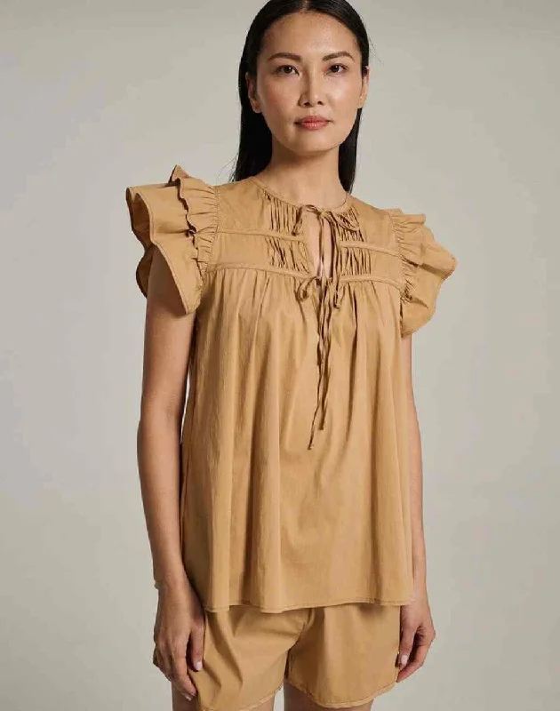 Kunzitis Blouse with Tiered Flutter Sleeves, Pintuck Details and Ties | Beige or White Silky Tunic Blouse