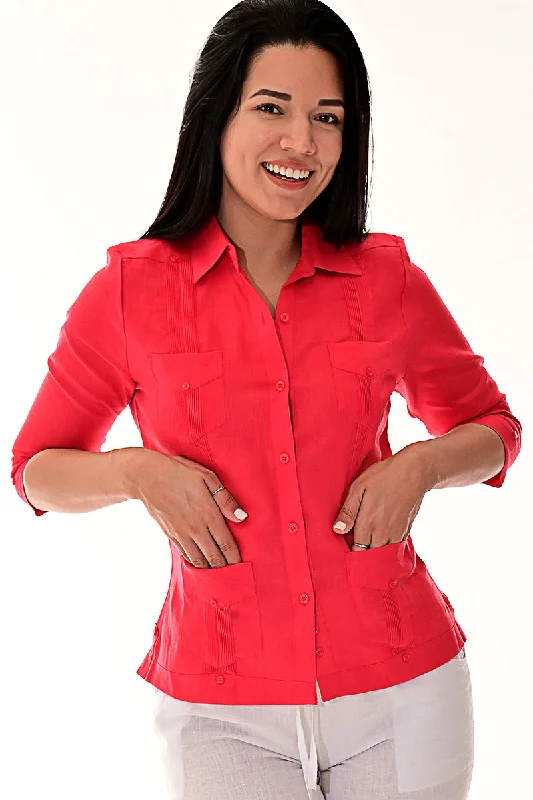 Ladies 100% Soft Linen Traditional (4) Pocket 3/4 Sleeve Guayabera Blouse in (5) Colors - LLGB3009 Double Button Blouse Ladies 100% Soft Linen Traditional (4) Pocket 3/4 Sleeve Guayabera Blouse in (5) Colors - LLGB3009 Double Button Blouse