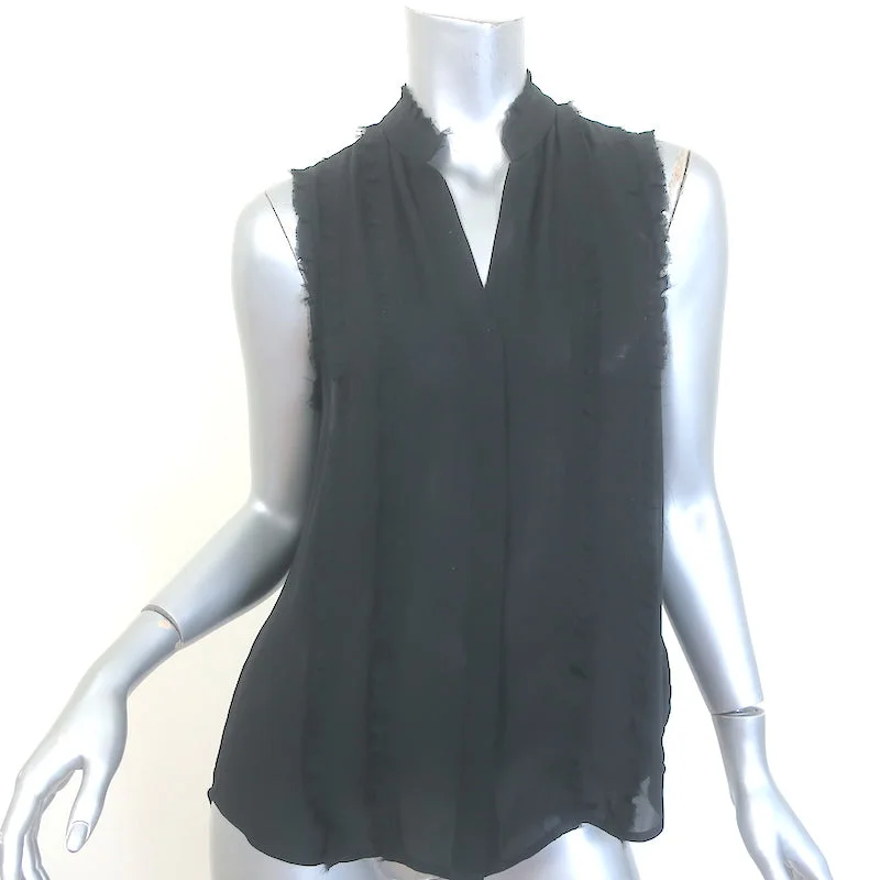 L'Agence Frayed Ruffle Blouse Black Silk Size Small Sleeveless Button-Up Top Casual Stripe Blouse L'Agence Frayed Ruffle Blouse Black Silk Size Small Sleeveless Button-Up Top Casual Stripe Blouse