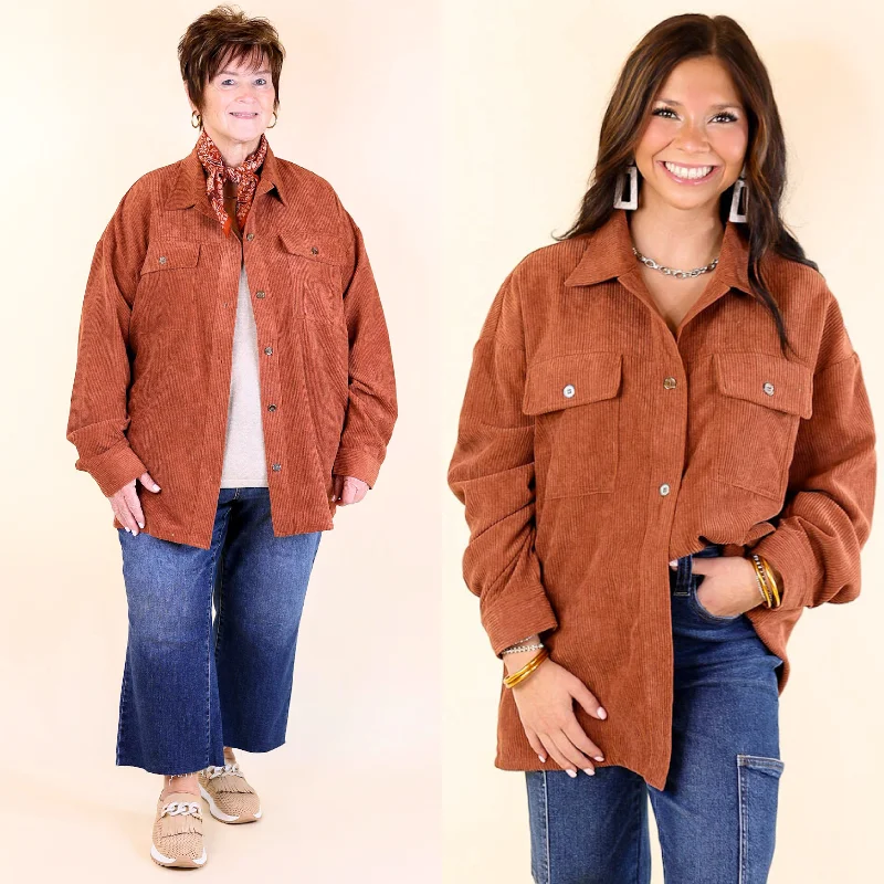 Latte Sips Button Up Corduroy Shacket in Rust Subtle Shimmer Blouse