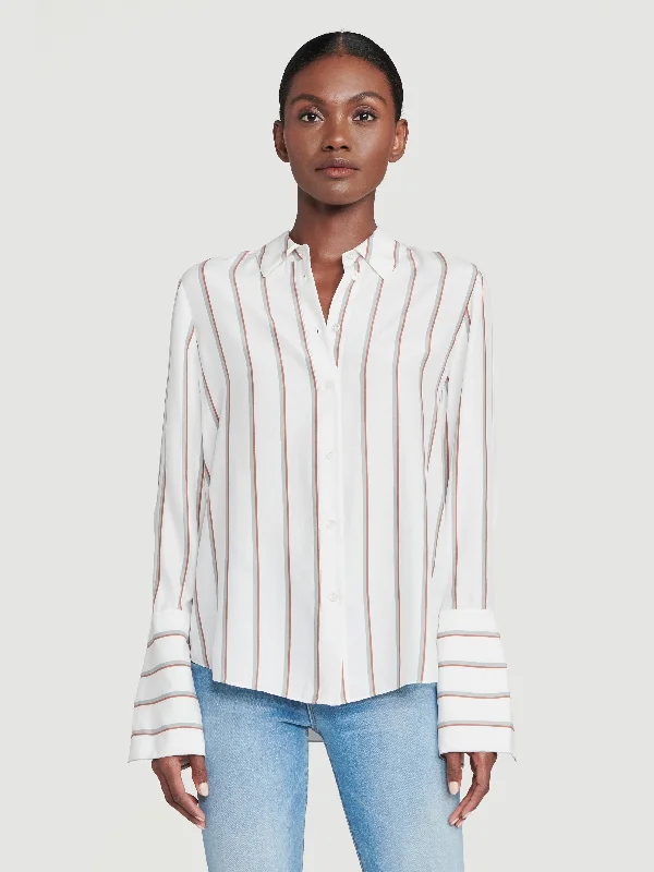 Silk Long Cuff PJ Blouse -- Off White Multi Collared Satin Blouse