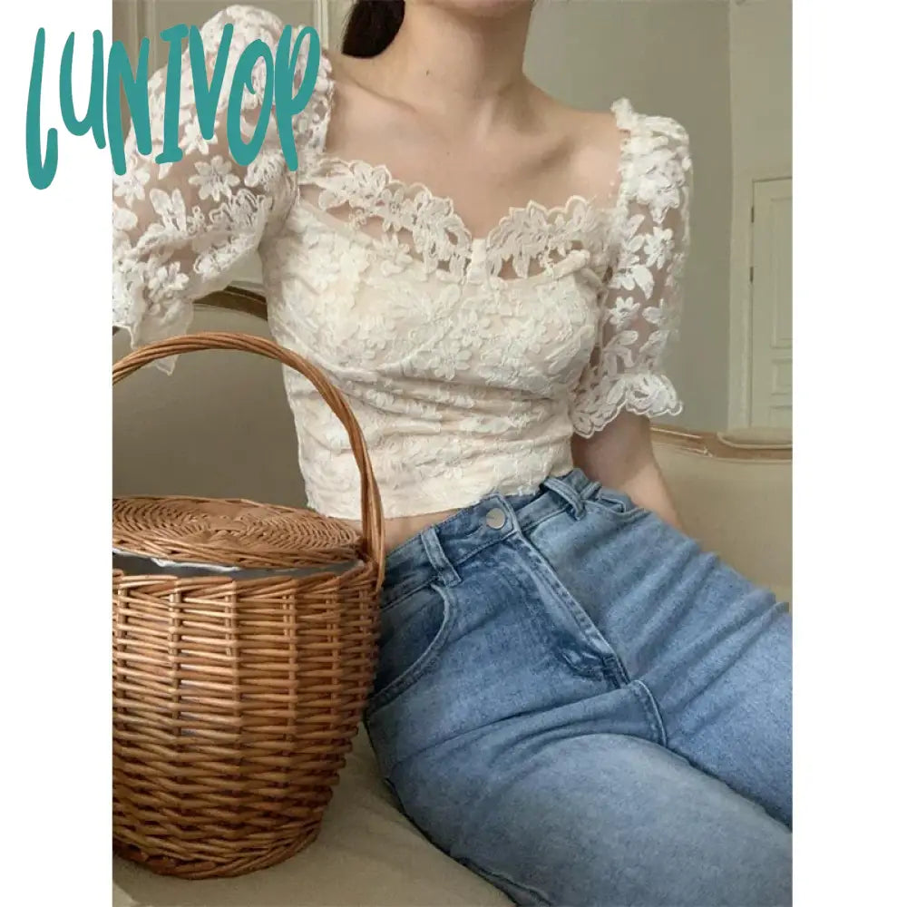 Lunivop Elegant Slash Neck Shirts Women Summer Lace Patchwork Crop Tops Sweet Korean Square Collar Puff Short Sleeve Slim Blouses Textured Cotton Blouse Lunivop Elegant Slash Neck Shirts Women Summer Lace Patchwork Crop Tops Sweet Korean Square Collar Puff Short Sleeve Slim Blouses Textured Cotton Blouse