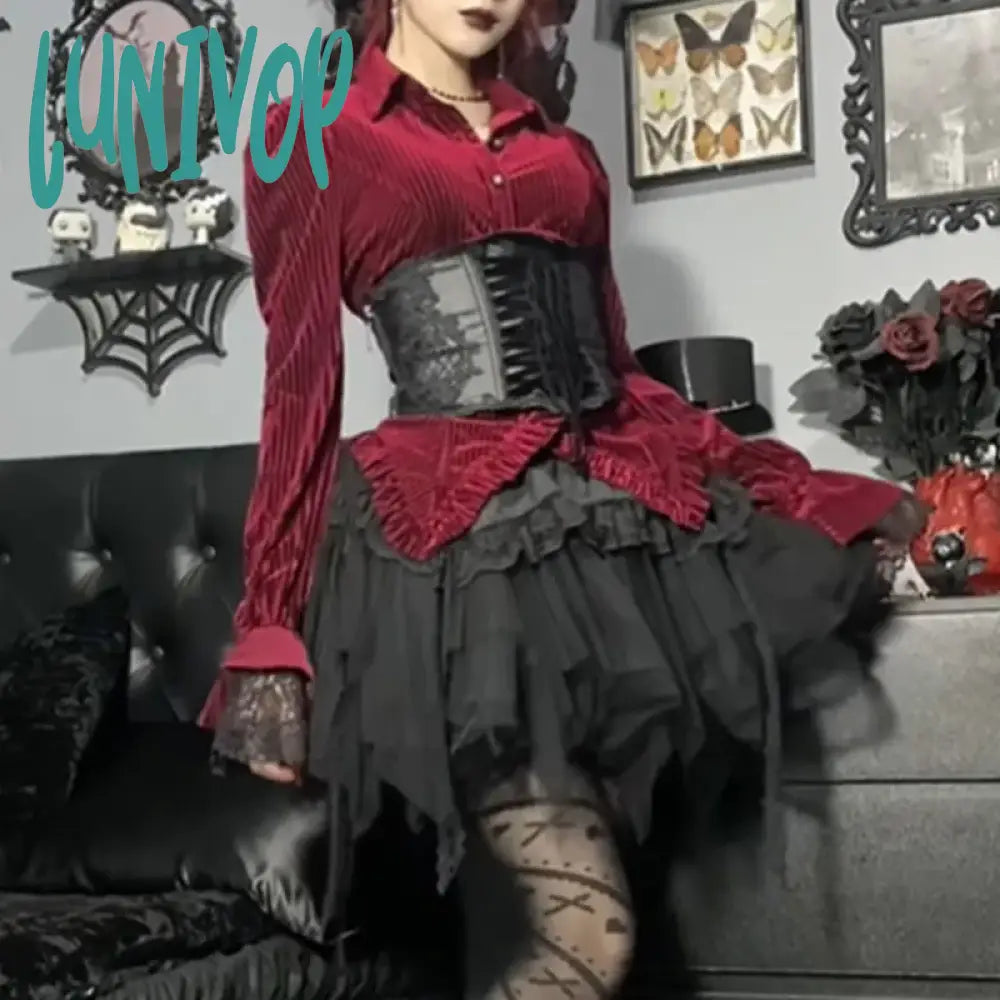 Lunivop Goth Dark Elegant Velvet Striped Gothic Vintage Blouses Ruffles Hem Slim Button Up Women Shirts Autumn Long Sleeve Fashion Cloth Vintage Polka Blouse