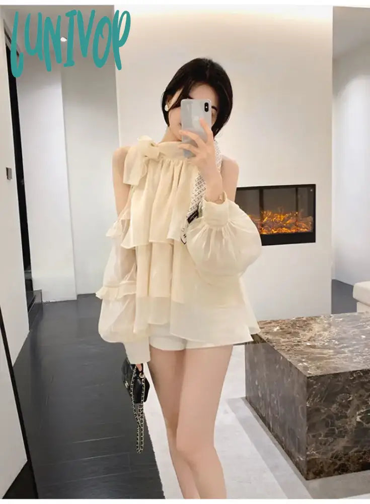 Lunivop Ladies Fashion Tops Summer Shoulderless Chiffon Solid Color Ruffled Shirts Long Puff Sleeves Summer Loose Bandage Blouses Classic White Blouse Lunivop Ladies Fashion Tops Summer Shoulderless Chiffon Solid Color Ruffled Shirts Long Puff Sleeves Summer Loose Bandage Blouses Classic White Blouse