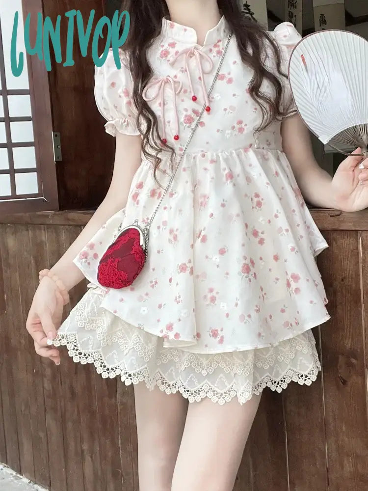 Lunivop Print Floral Kawaii Two Piece Set Women Japanese Sweet Elegant Skirt Suit Female Puff Sleeve Blouses + Lace Lolita Cake Skirt Asymmetric Hem Blouse Lunivop Print Floral Kawaii Two Piece Set Women Japanese Sweet Elegant Skirt Suit Female Puff Sleeve Blouses + Lace Lolita Cake Skirt Asymmetric Hem Blouse