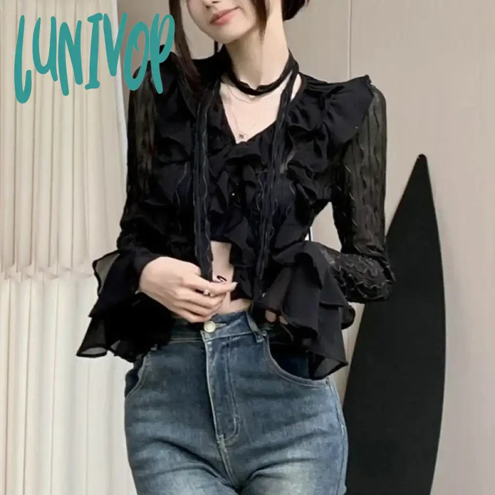 Lunivop Retro Casual Mesh Long Sleeve Blouse Women Hollow Sexy Crop Tops Ruffle Blouse Korean Slim Fit High Street Black Blouses Sheer Mesh Blouse