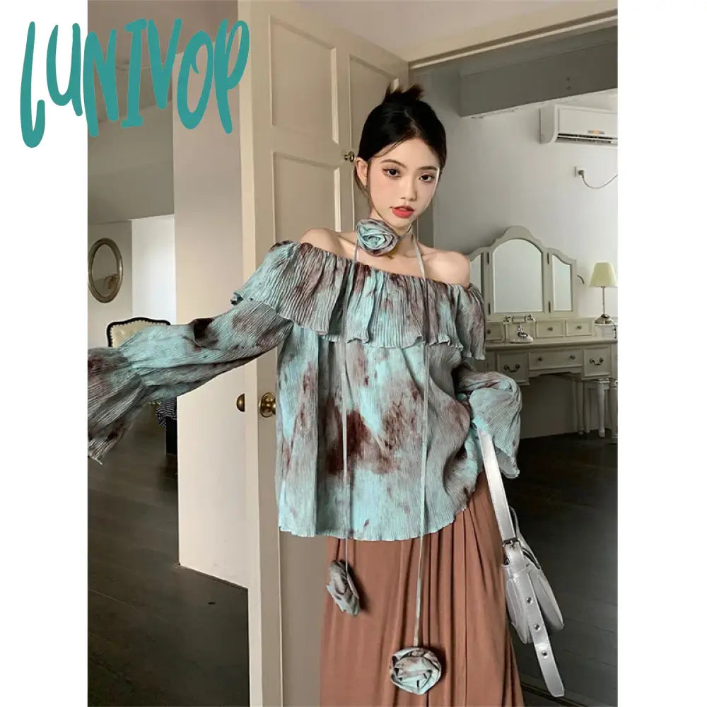 Lunivop Vintage 90S Tie Dye Shirts Women Sexy Slash Neck Flare Long Sleeve Blouses Summer Korean Elegant 3D Flower Casual Tops New Ruched Sleeve Blouse Lunivop Vintage 90S Tie Dye Shirts Women Sexy Slash Neck Flare Long Sleeve Blouses Summer Korean Elegant 3D Flower Casual Tops New Ruched Sleeve Blouse