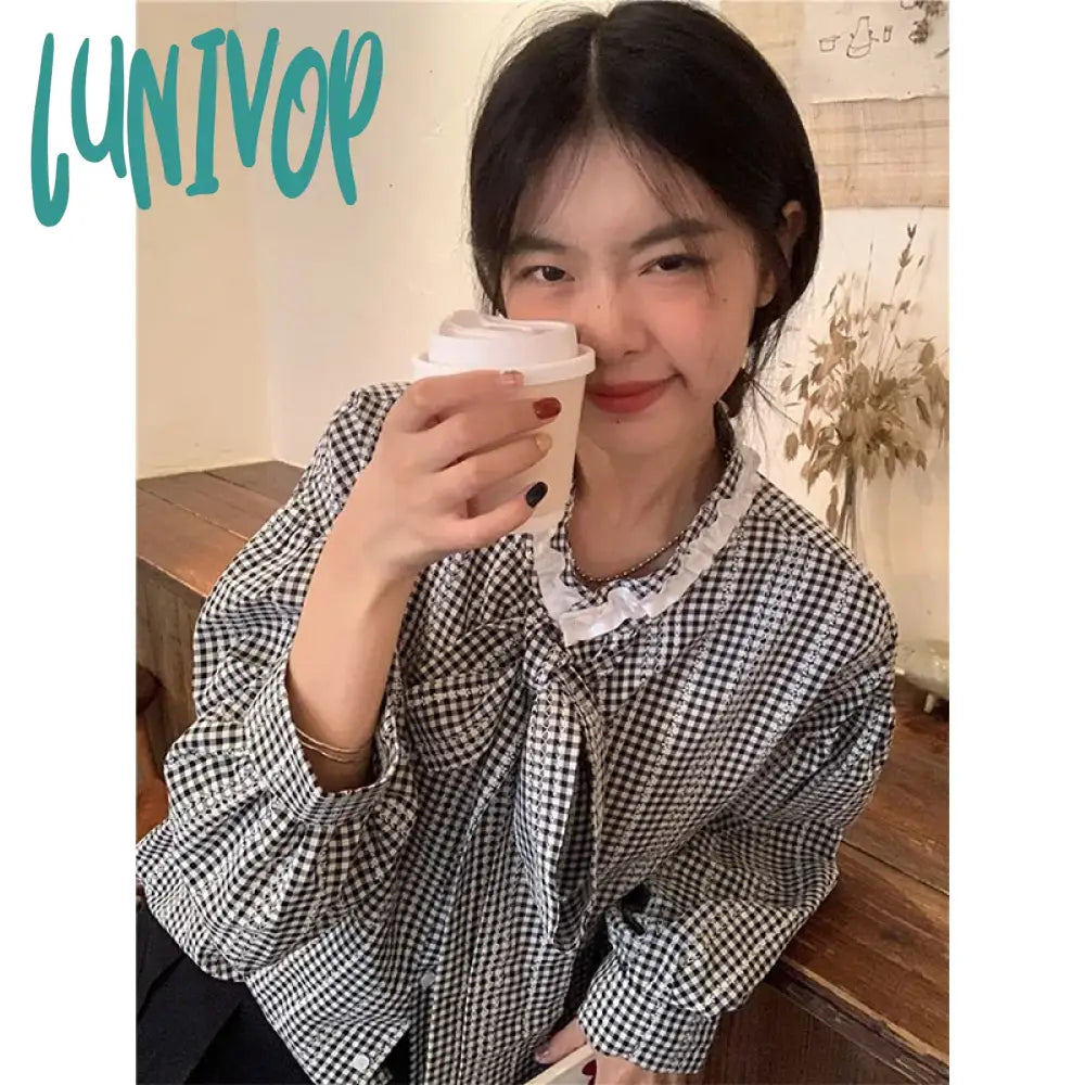 Lunivop Vintage Plaid Shirts Women Sweet Cute Bow Bandage Long Sleeve Blouses Korean Elegant Lace Patchwork Loose Casual Tops New Stretchy Fitted Blouse Lunivop Vintage Plaid Shirts Women Sweet Cute Bow Bandage Long Sleeve Blouses Korean Elegant Lace Patchwork Loose Casual Tops New Stretchy Fitted Blouse