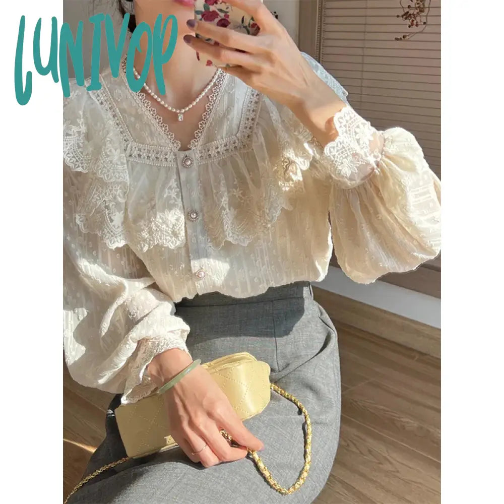 Lunivop Vintage Ruffles Shirts Women Elegant Lace Patchwork Blouses Office Lady Korean V Neck Long Sleeve All Match Chic Tops New Satin Drape Blouse Lunivop Vintage Ruffles Shirts Women Elegant Lace Patchwork Blouses Office Lady Korean V Neck Long Sleeve All Match Chic Tops New Satin Drape Blouse