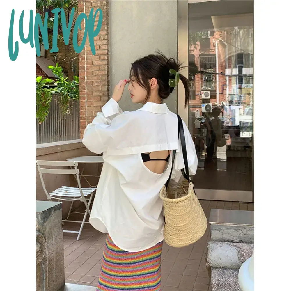 Lunivop White Sun Proof Shirts Women Streetwear Sexy Hollow Out Blouses Harajuku Korean Oversized Long Sleeve Sun Protection Tops Loose Oversized Blouse