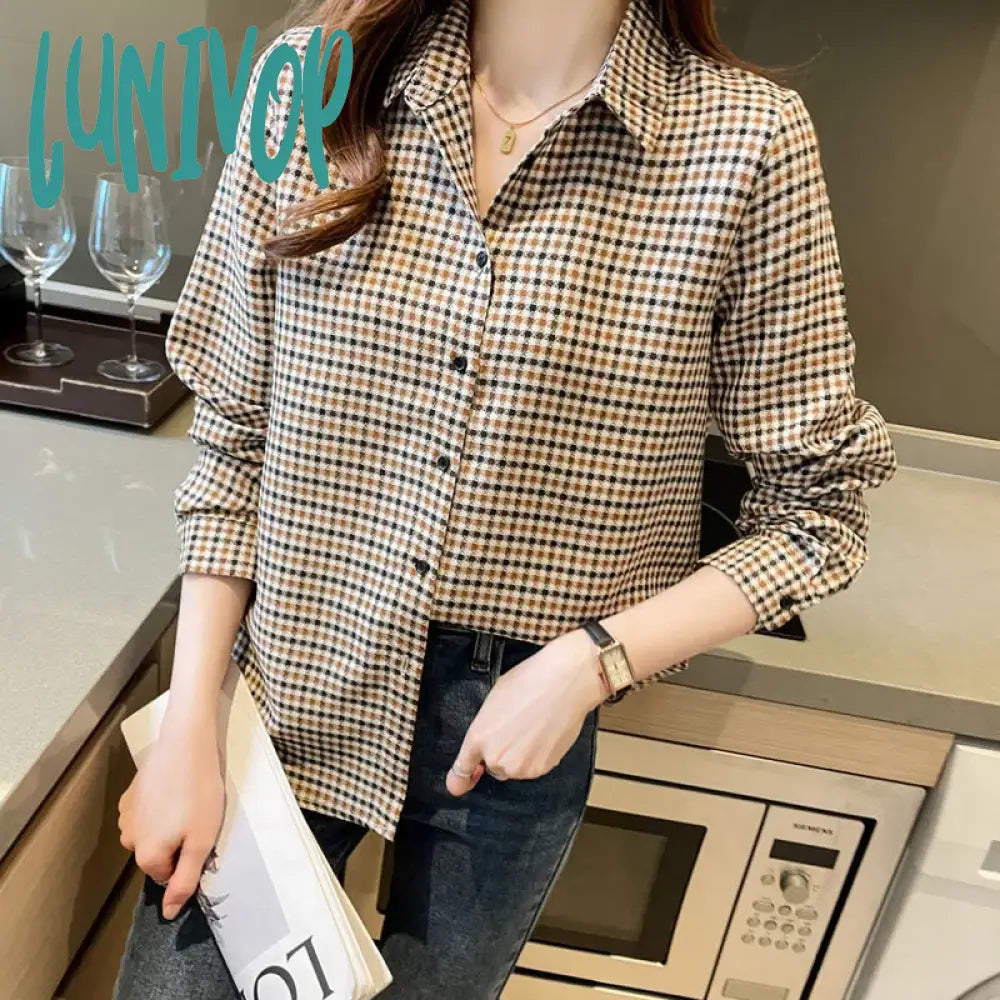 Lunivop Women Clothes Simple Basic Plaid Casual Shirt Top Spring Autumn Long Sleeve Fashion Daily All-match Blouses Boho Chic Blouse