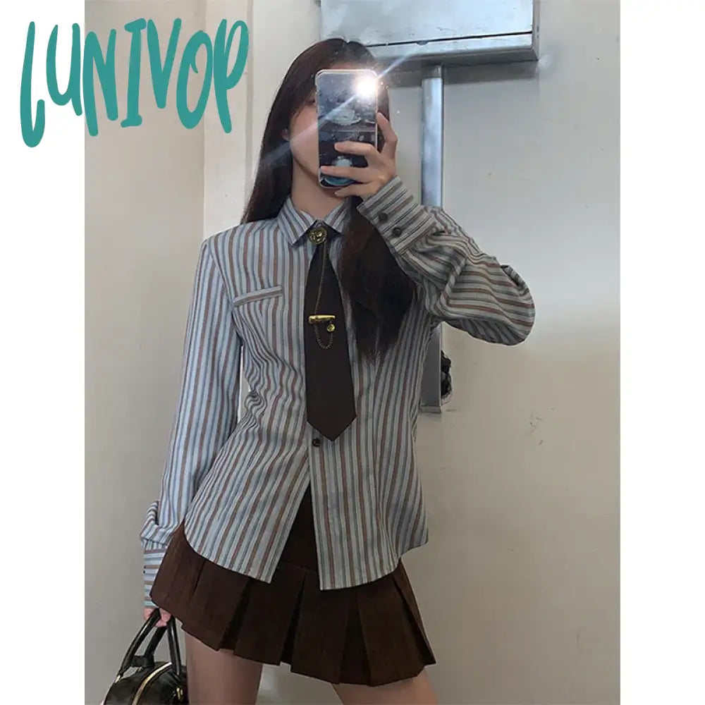 Lunivop Y2K Harajuku Striped Shirts Women Vintage Streetwear Tie Long Sleeve Blouses Korean Preppy Slim All Match Tops Spring New Collared Satin Blouse Lunivop Y2K Harajuku Striped Shirts Women Vintage Streetwear Tie Long Sleeve Blouses Korean Preppy Slim All Match Tops Spring New Collared Satin Blouse