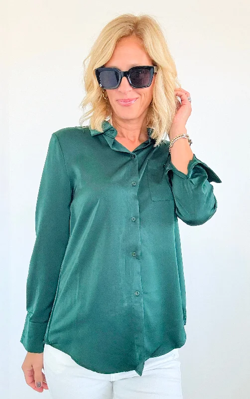 Midnight Forest Button Blouse Top-Hunter Green High Neck Blouse