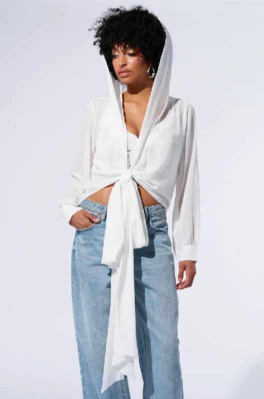 MARGO TIE FRONT BLOUSE WITH HOOD IN WHITE Semi-Sheer Blouse