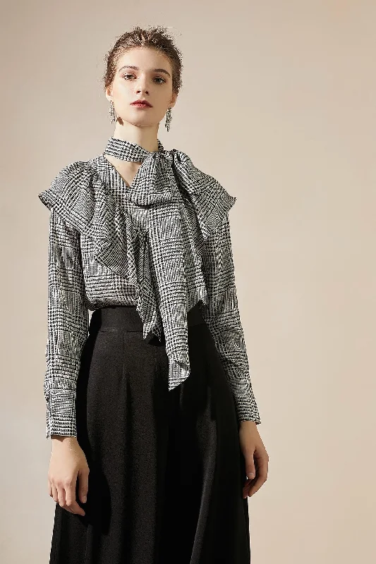 Monochrome Mosaic Tie-Neck Blouse Boho Printed Blouse