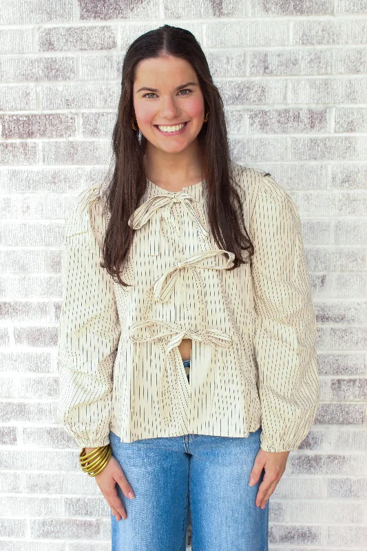 Montana Collection - Hot Springs Striped Woven Blouse w/ Tie Front Feminine Tie Blouse