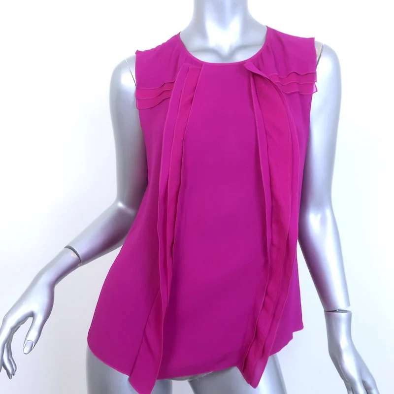 Nina Ricci Ruffle Blouse Magenta Silk Size 38 Sleeveless Top Romantic Lace Blouse
