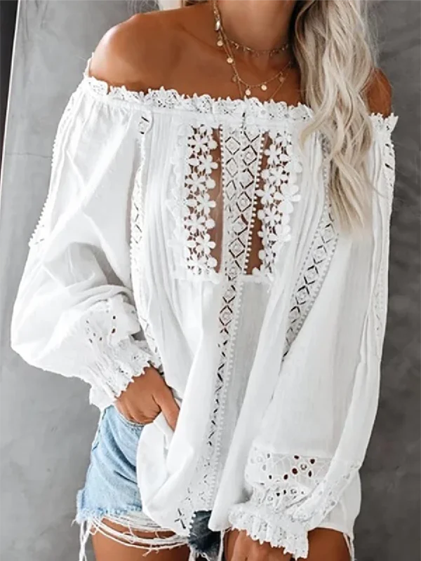 One-shoulder Solid Color Lace Blouses Balloon Sleeve Blouse