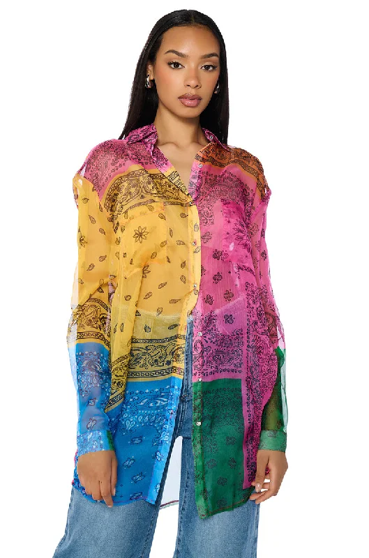 PAISLEY OVERSIZED CHIFFON BUTTON DOWN BLOUSE Loose Oversized Blouse