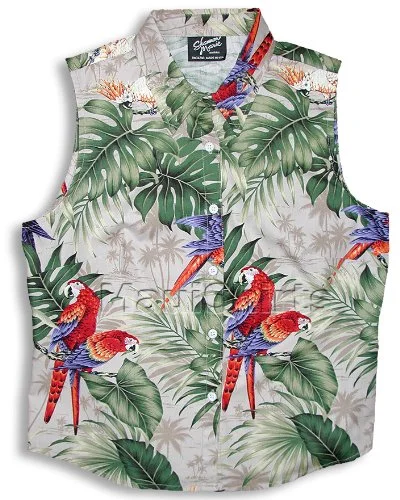 Parrots Monstera Women's Fitted Sleeveless Cotton Aloha Blouse Textured Cotton Blouse Parrots Monstera Women's Fitted Sleeveless Cotton Aloha Blouse Textured Cotton Blouse