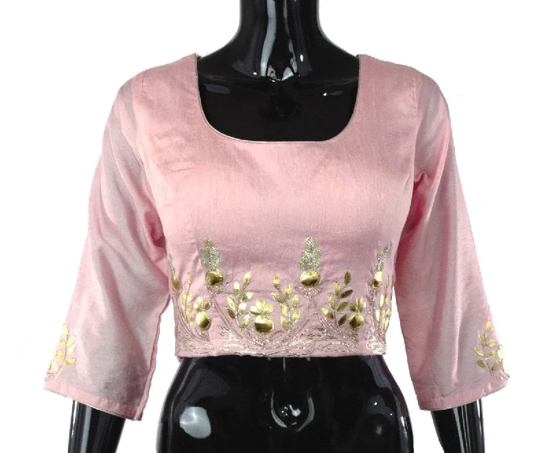 Pink Color Silk Blouse with Leather Patti Work Short Sleeve Blouse