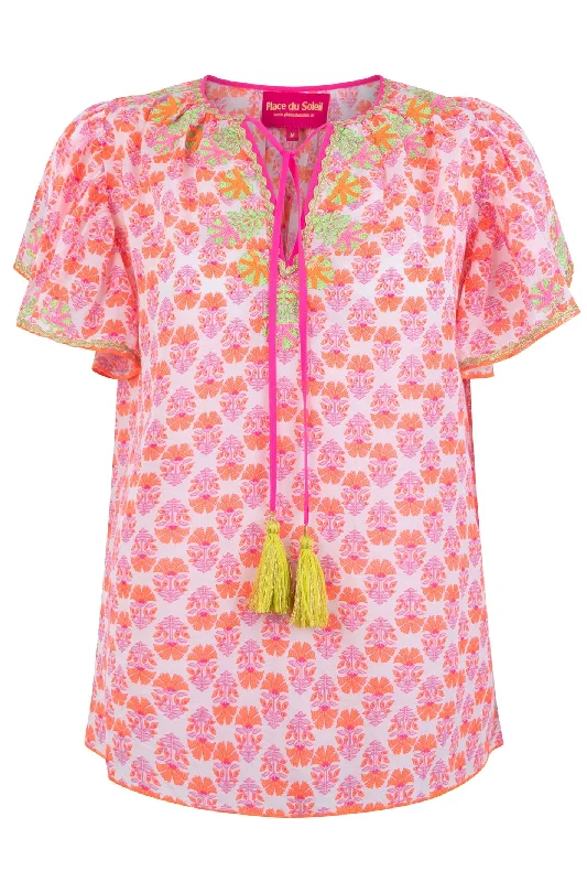 Place du Soleil 121 Pink Orange Print Short Sleeve Tie Neck Blouse High Neck Blouse