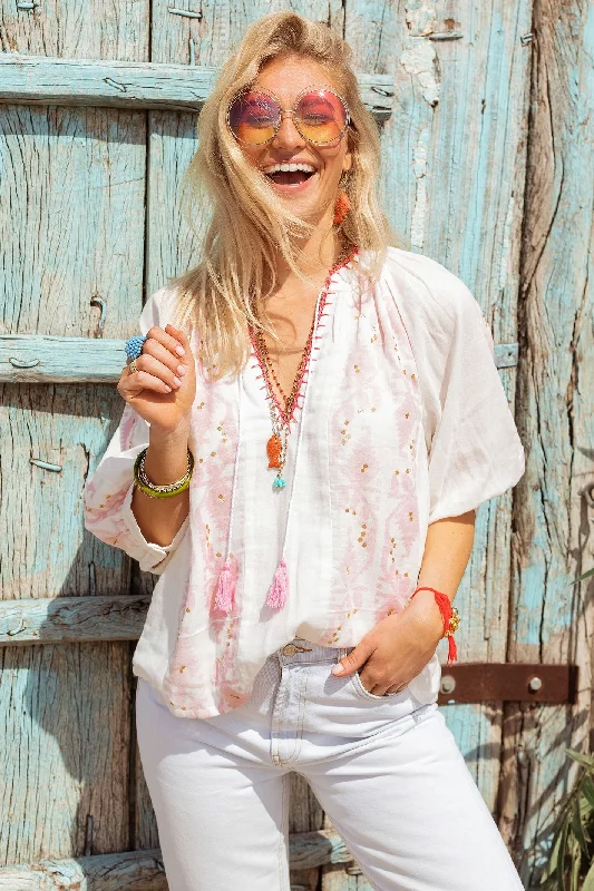Place du Soleil 307 White Pink Ikat Cotton Blouse Oversized Silk Blouse