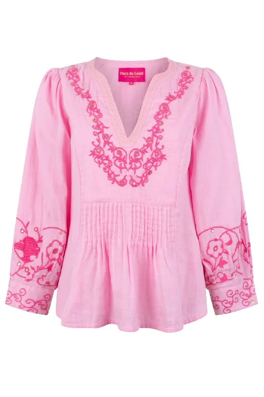 Place du Soleil 309 Rose Pink  V Neck Cotton Blouse Wrap Front Blouse