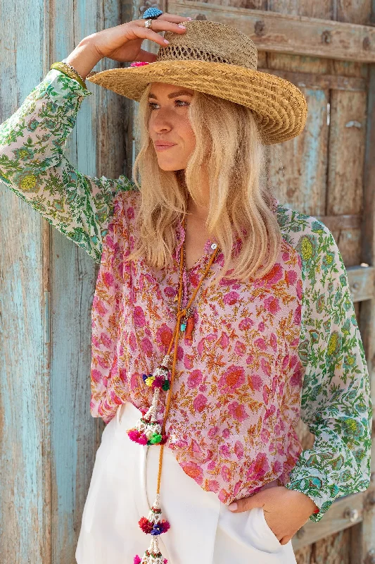 Place du Soleil 412 Pink Green Long Sleeve Chiffon Print Blouse Chic Off-Shoulder Blouse Place du Soleil 412 Pink Green Long Sleeve Chiffon Print Blouse Chic Off-Shoulder Blouse