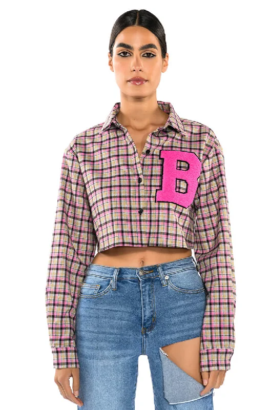 PLAID B LONG SLEEVE BLOUSE Elegant Lace Blouse
