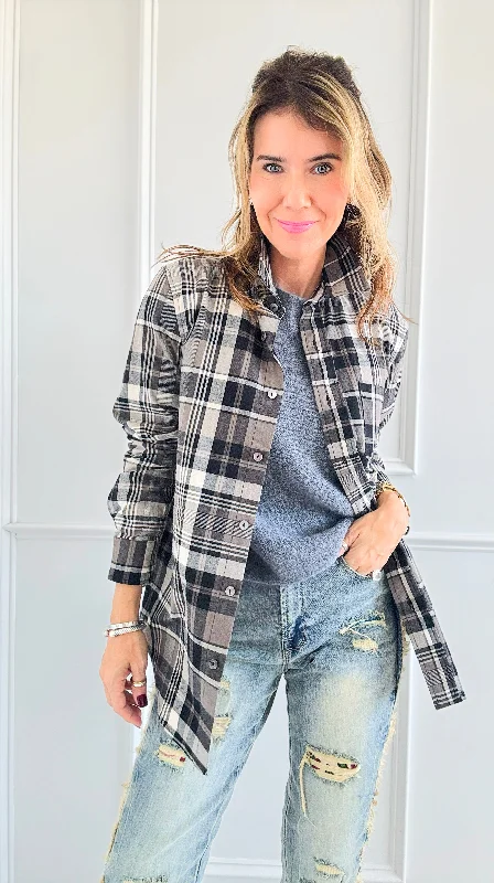Plaid Button-Down Blouse Subtle Shimmer Blouse