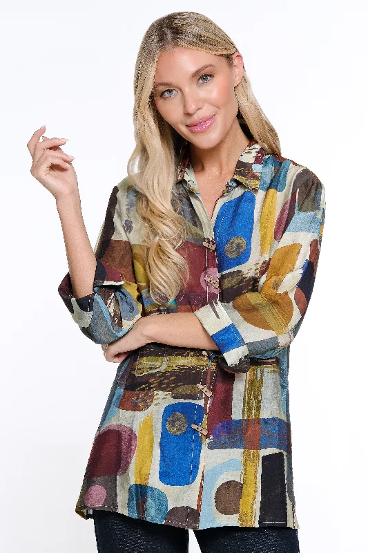 Printed Woven Button Front Blouse - Petite - Abstract Multi Smart Business Blouse