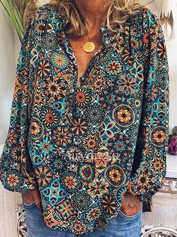 Print Floral V-Neck Long Sleeves  Casual Blouses Drape Neck Blouse