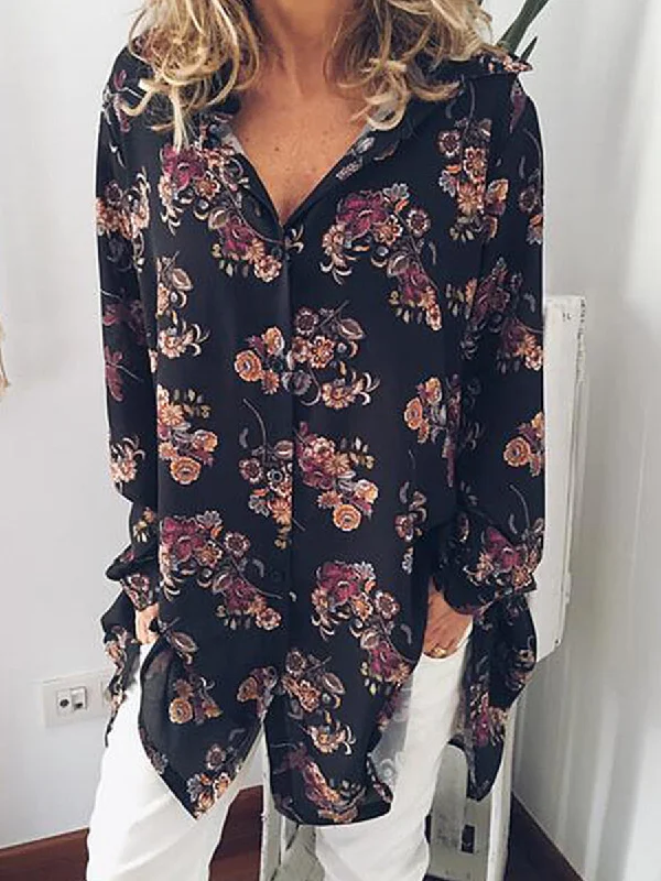 Print V-Neck Long Sleeves Button Up Casual Shirt Blouses Playful Puff Blouse