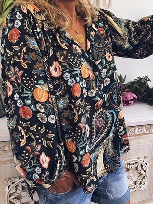Print V-Neck Long Sleeves Casual Blouses Sleeveless Summer Blouse
