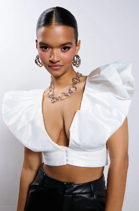 PUFF SHOULDER CROPPED BLOUSE IN WHITE Feminine Satin Blouse