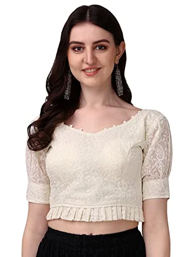 Pujia Mills Women's Georgett Lucknowi Embroidery Puff Sleeve Tie UP Blouse (Lucknowi Tie Off White 38) Delicate Pleat Blouse Pujia Mills Women's Georgett Lucknowi Embroidery Puff Sleeve Tie UP Blouse (Lucknowi Tie Off White 38) Delicate Pleat Blouse