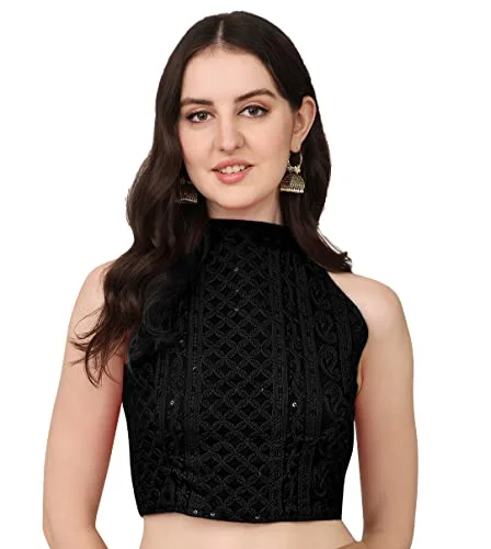 Pujia Mils Women's Halter Neck Chickenkari Work Readymade Saree Blouse (Halter Neck_Black_38) Embroidered Floral Blouse Pujia Mils Women's Halter Neck Chickenkari Work Readymade Saree Blouse (Halter Neck_Black_38) Embroidered Floral Blouse